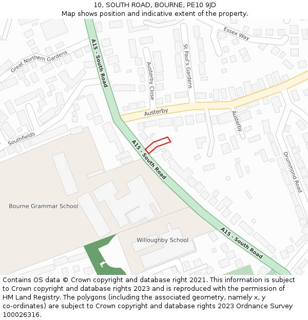 10, SOUTH ROAD, BOURNE, PE10 9JD: Location map and indicative extent of plot