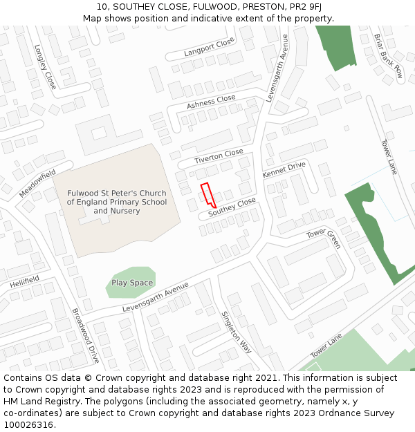 10, SOUTHEY CLOSE, FULWOOD, PRESTON, PR2 9FJ: Location map and indicative extent of plot