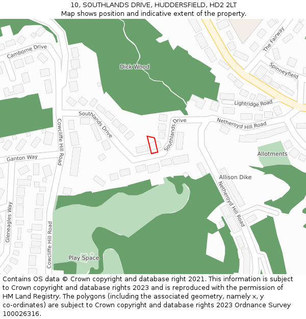 10, SOUTHLANDS DRIVE, HUDDERSFIELD, HD2 2LT: Location map and indicative extent of plot