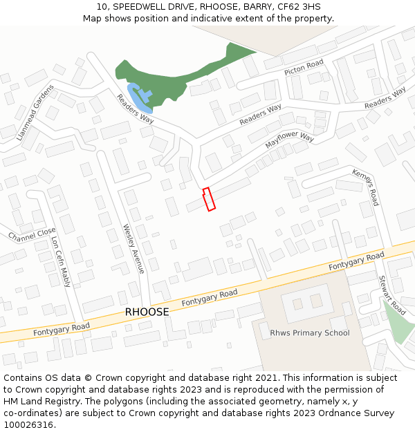 10, SPEEDWELL DRIVE, RHOOSE, BARRY, CF62 3HS: Location map and indicative extent of plot