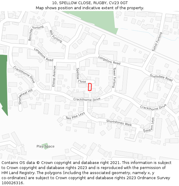 10, SPELLOW CLOSE, RUGBY, CV23 0GT: Location map and indicative extent of plot