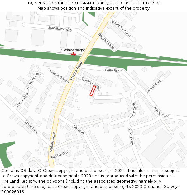 10, SPENCER STREET, SKELMANTHORPE, HUDDERSFIELD, HD8 9BE: Location map and indicative extent of plot