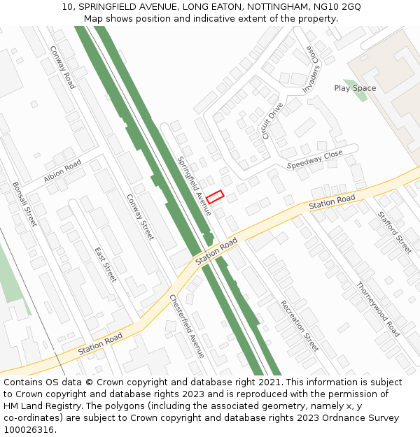 10, SPRINGFIELD AVENUE, LONG EATON, NOTTINGHAM, NG10 2GQ: Location map and indicative extent of plot