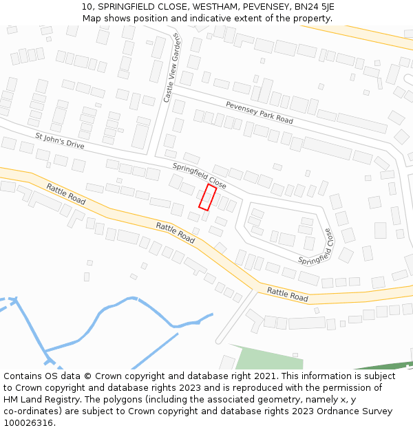 10, SPRINGFIELD CLOSE, WESTHAM, PEVENSEY, BN24 5JE: Location map and indicative extent of plot