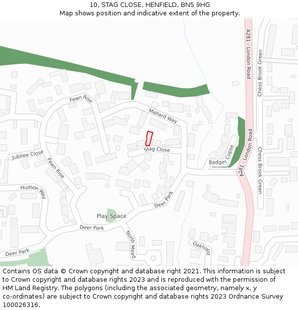 10, STAG CLOSE, HENFIELD, BN5 9HG: Location map and indicative extent of plot
