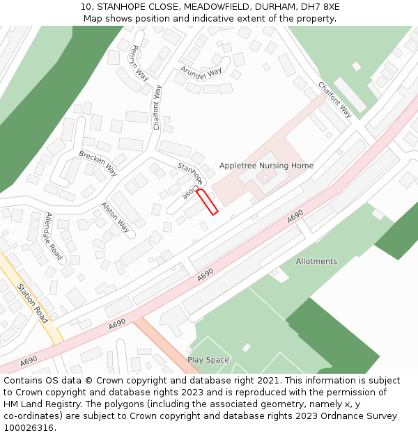 10, STANHOPE CLOSE, MEADOWFIELD, DURHAM, DH7 8XE: Location map and indicative extent of plot