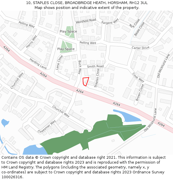 10, STAPLES CLOSE, BROADBRIDGE HEATH, HORSHAM, RH12 3UL: Location map and indicative extent of plot