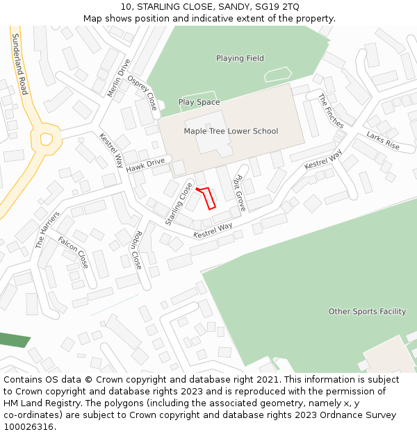 10, STARLING CLOSE, SANDY, SG19 2TQ: Location map and indicative extent of plot