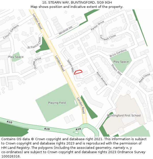 10, STEARN WAY, BUNTINGFORD, SG9 9GH: Location map and indicative extent of plot