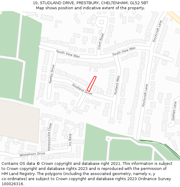 10, STUDLAND DRIVE, PRESTBURY, CHELTENHAM, GL52 5BT: Location map and indicative extent of plot