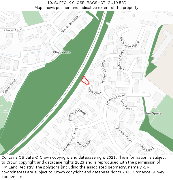 10, SUFFOLK CLOSE, BAGSHOT, GU19 5RD: Location map and indicative extent of plot