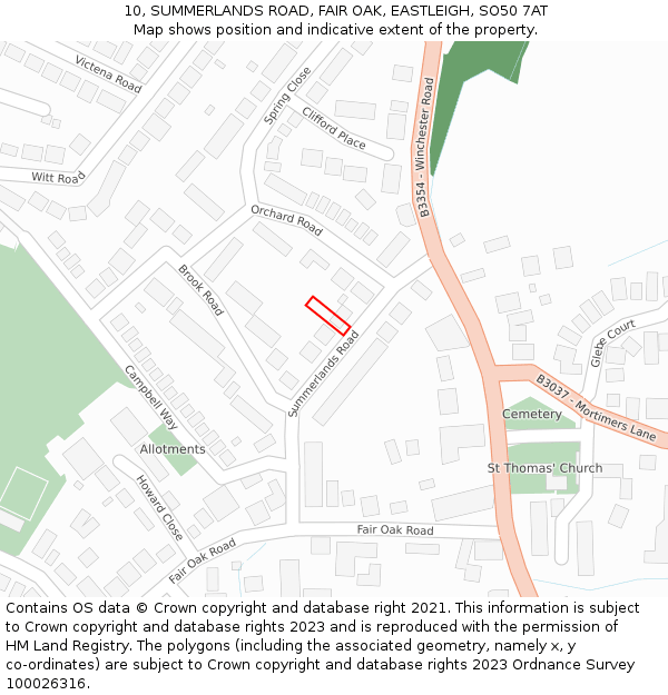 10, SUMMERLANDS ROAD, FAIR OAK, EASTLEIGH, SO50 7AT: Location map and indicative extent of plot