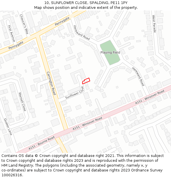 10, SUNFLOWER CLOSE, SPALDING, PE11 1PY: Location map and indicative extent of plot