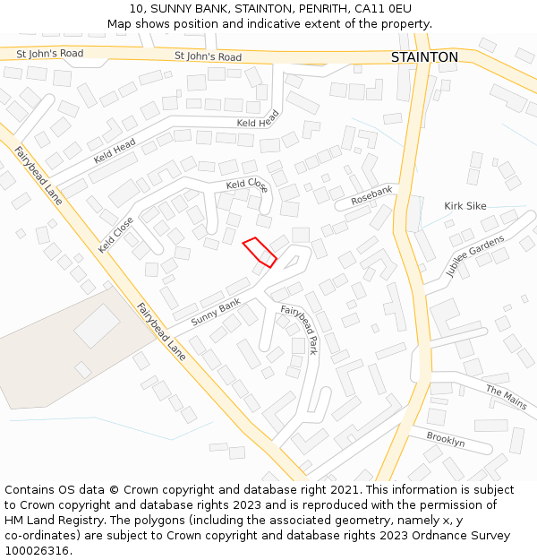 10, SUNNY BANK, STAINTON, PENRITH, CA11 0EU: Location map and indicative extent of plot