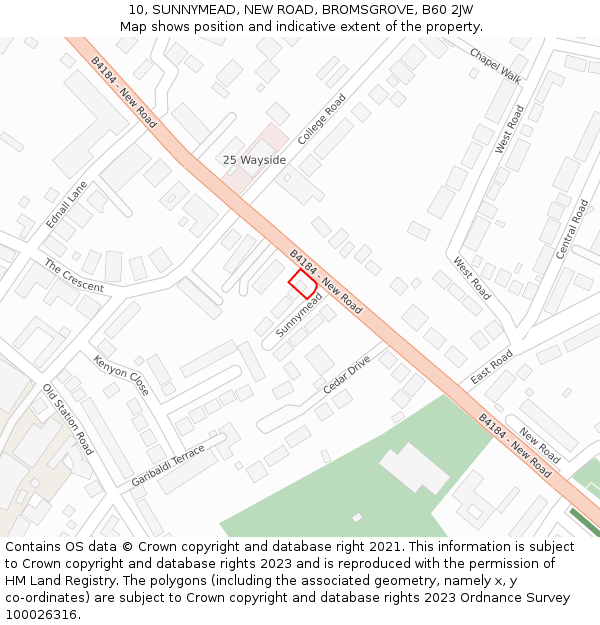 10, SUNNYMEAD, NEW ROAD, BROMSGROVE, B60 2JW: Location map and indicative extent of plot