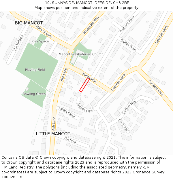 10, SUNNYSIDE, MANCOT, DEESIDE, CH5 2BE: Location map and indicative extent of plot