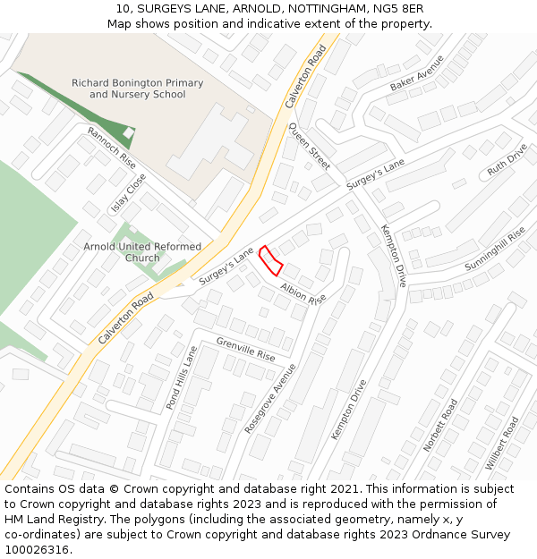 10, SURGEYS LANE, ARNOLD, NOTTINGHAM, NG5 8ER: Location map and indicative extent of plot