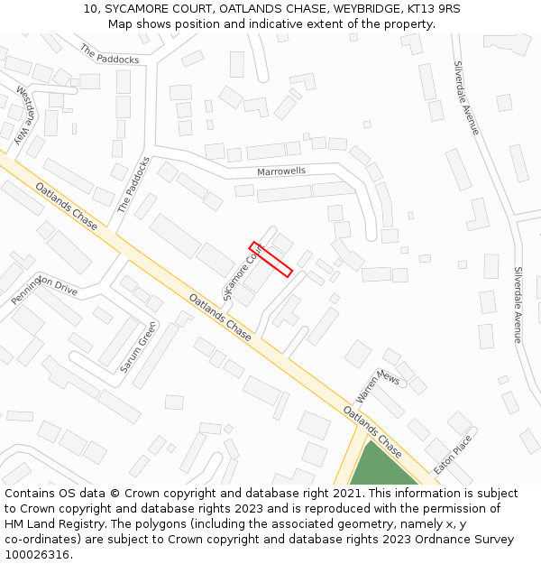 10, SYCAMORE COURT, OATLANDS CHASE, WEYBRIDGE, KT13 9RS: Location map and indicative extent of plot
