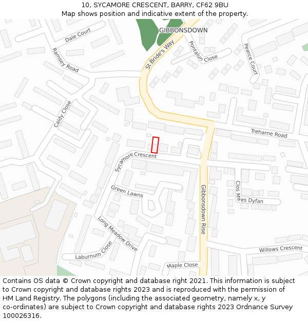 10, SYCAMORE CRESCENT, BARRY, CF62 9BU: Location map and indicative extent of plot