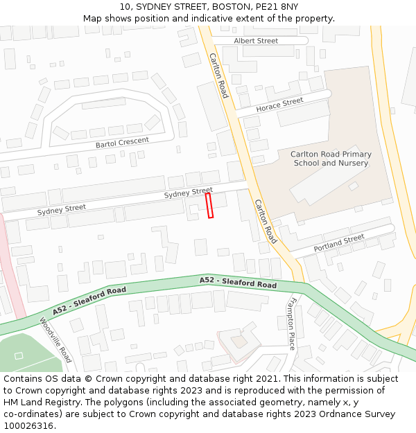 10, SYDNEY STREET, BOSTON, PE21 8NY: Location map and indicative extent of plot