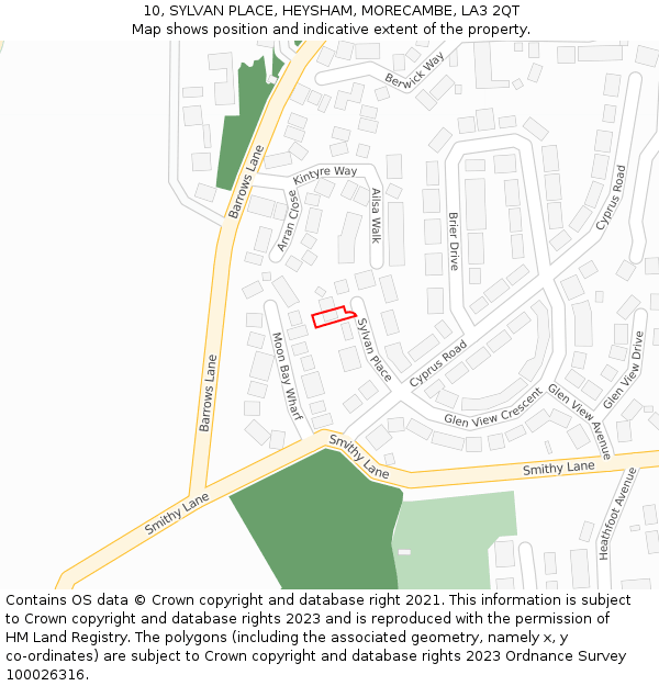 10, SYLVAN PLACE, HEYSHAM, MORECAMBE, LA3 2QT: Location map and indicative extent of plot