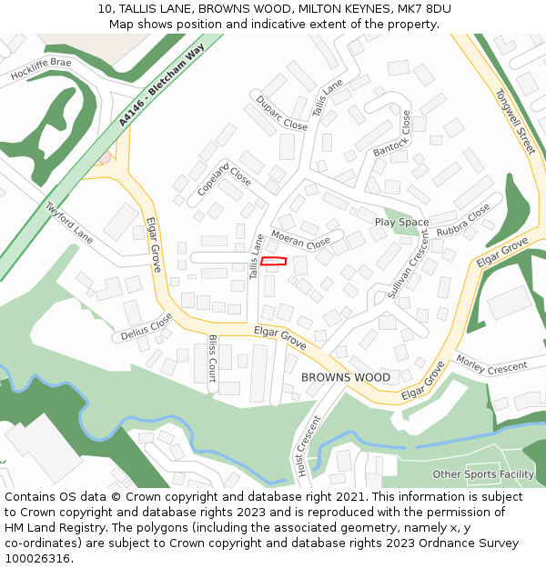 10, TALLIS LANE, BROWNS WOOD, MILTON KEYNES, MK7 8DU: Location map and indicative extent of plot