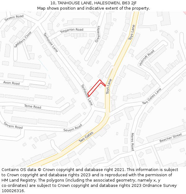 10, TANHOUSE LANE, HALESOWEN, B63 2JF: Location map and indicative extent of plot