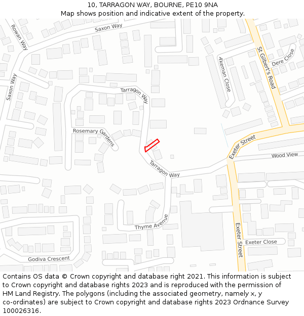 10, TARRAGON WAY, BOURNE, PE10 9NA: Location map and indicative extent of plot