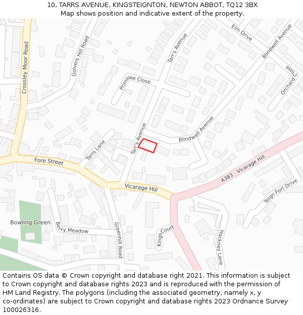 10, TARRS AVENUE, KINGSTEIGNTON, NEWTON ABBOT, TQ12 3BX: Location map and indicative extent of plot