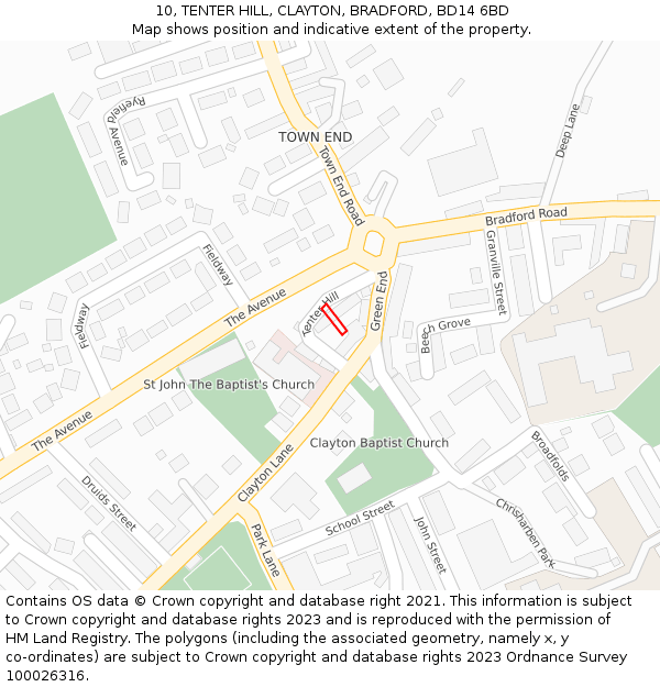 10, TENTER HILL, CLAYTON, BRADFORD, BD14 6BD: Location map and indicative extent of plot