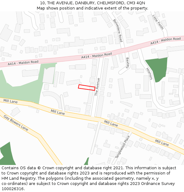 10, THE AVENUE, DANBURY, CHELMSFORD, CM3 4QN: Location map and indicative extent of plot