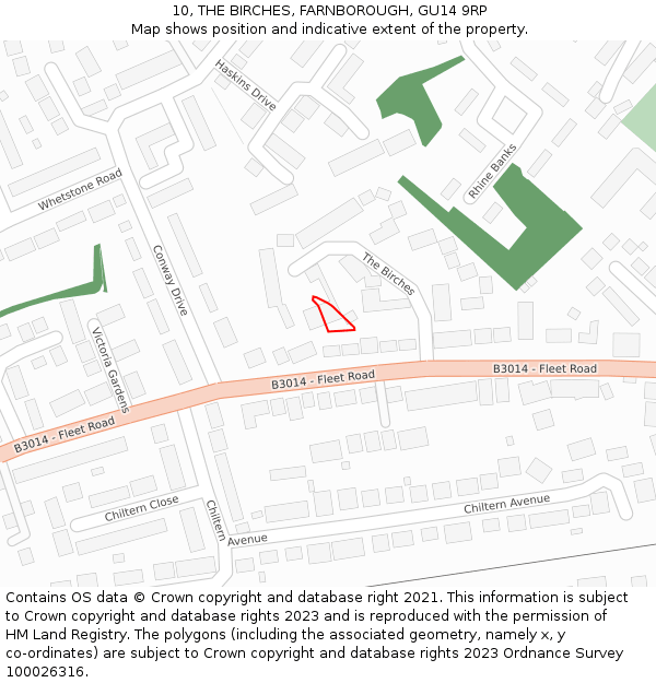 10, THE BIRCHES, FARNBOROUGH, GU14 9RP: Location map and indicative extent of plot