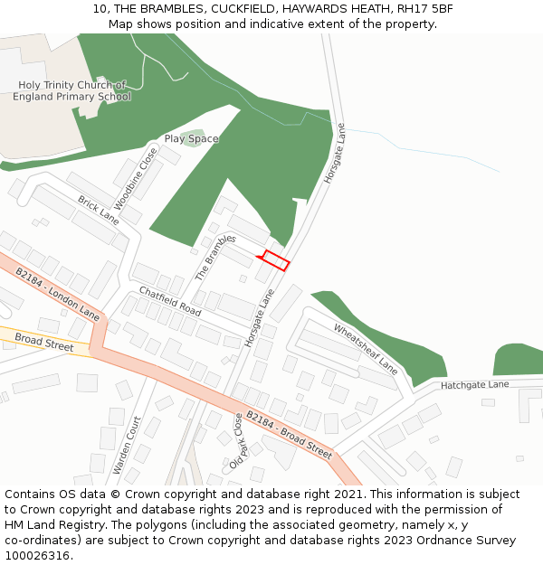 10, THE BRAMBLES, CUCKFIELD, HAYWARDS HEATH, RH17 5BF: Location map and indicative extent of plot