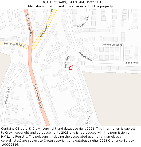 10, THE CEDARS, HAILSHAM, BN27 1TU: Location map and indicative extent of plot