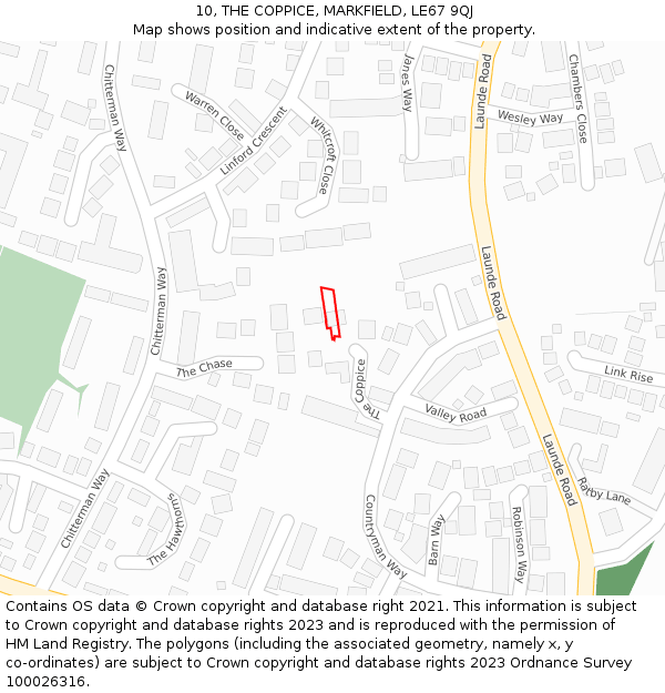 10, THE COPPICE, MARKFIELD, LE67 9QJ: Location map and indicative extent of plot