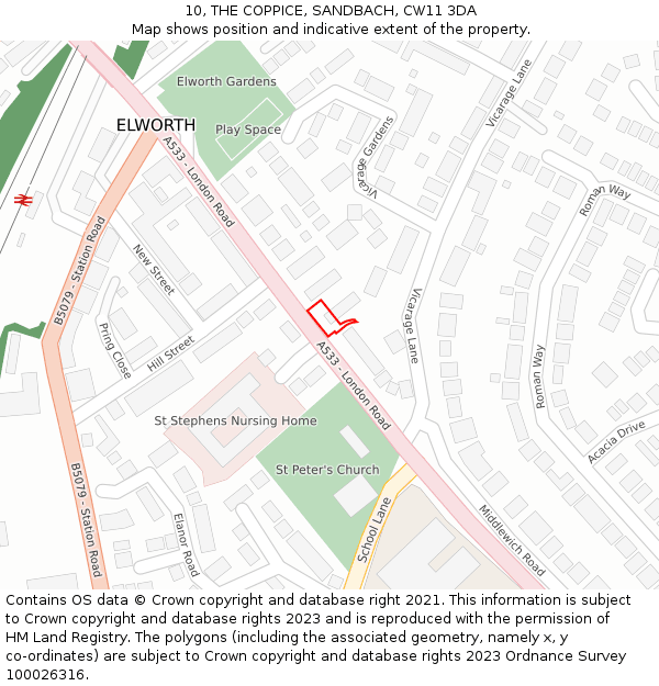 10, THE COPPICE, SANDBACH, CW11 3DA: Location map and indicative extent of plot