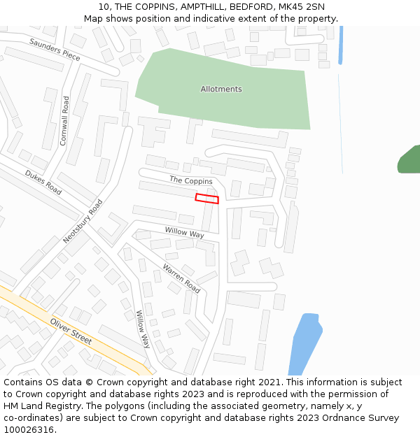 10, THE COPPINS, AMPTHILL, BEDFORD, MK45 2SN: Location map and indicative extent of plot