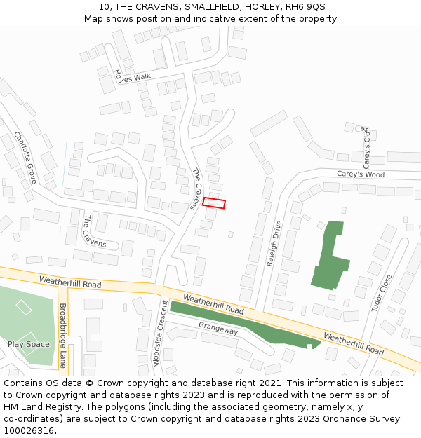 10, THE CRAVENS, SMALLFIELD, HORLEY, RH6 9QS: Location map and indicative extent of plot