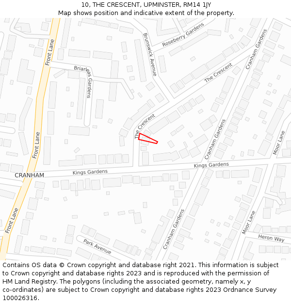 10, THE CRESCENT, UPMINSTER, RM14 1JY: Location map and indicative extent of plot