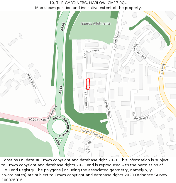 10, THE GARDINERS, HARLOW, CM17 9QU: Location map and indicative extent of plot