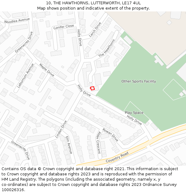 10, THE HAWTHORNS, LUTTERWORTH, LE17 4UL: Location map and indicative extent of plot