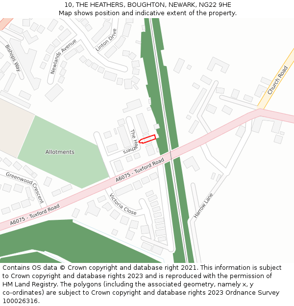 10, THE HEATHERS, BOUGHTON, NEWARK, NG22 9HE: Location map and indicative extent of plot