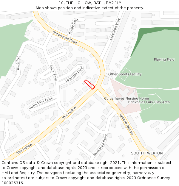 10, THE HOLLOW, BATH, BA2 1LY: Location map and indicative extent of plot