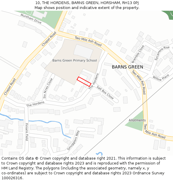 10, THE HORDENS, BARNS GREEN, HORSHAM, RH13 0PJ: Location map and indicative extent of plot