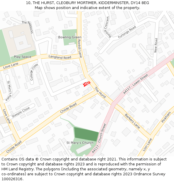 10, THE HURST, CLEOBURY MORTIMER, KIDDERMINSTER, DY14 8EG: Location map and indicative extent of plot