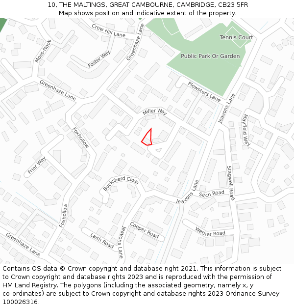 10, THE MALTINGS, GREAT CAMBOURNE, CAMBRIDGE, CB23 5FR: Location map and indicative extent of plot