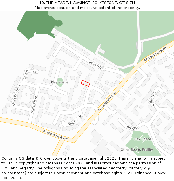 10, THE MEADE, HAWKINGE, FOLKESTONE, CT18 7NJ: Location map and indicative extent of plot