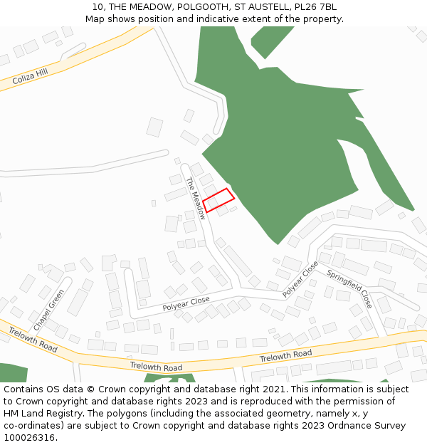 10, THE MEADOW, POLGOOTH, ST AUSTELL, PL26 7BL: Location map and indicative extent of plot