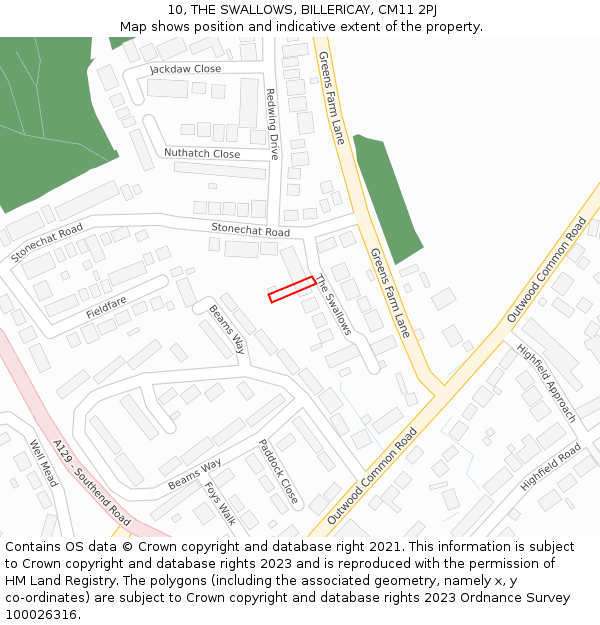 10, THE SWALLOWS, BILLERICAY, CM11 2PJ: Location map and indicative extent of plot