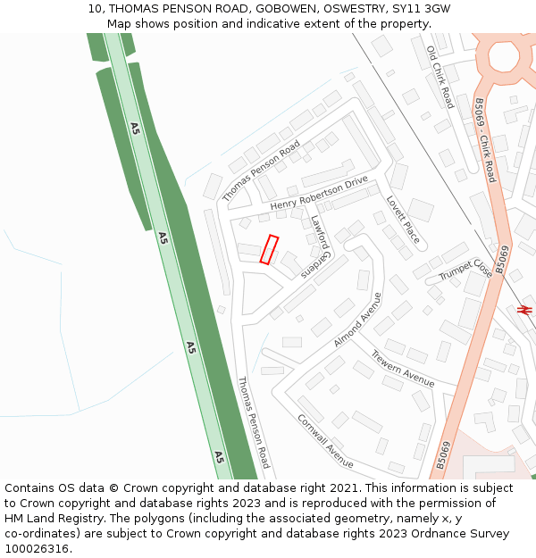 10, THOMAS PENSON ROAD, GOBOWEN, OSWESTRY, SY11 3GW: Location map and indicative extent of plot